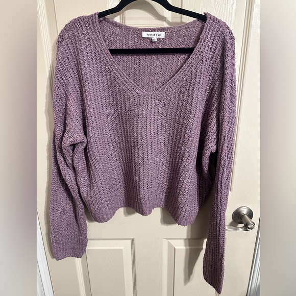 Hooked Up Juniors' Drop-Shoulder V-Neck Knit Sweater, Purple, Size Large - Picture 2 of 7